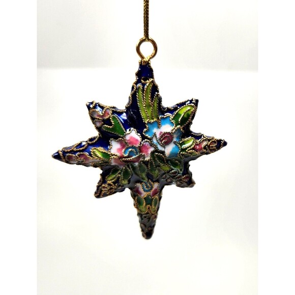 Cloisonne Star Ornament Christmas Discovery Store Blue Floral 3.5 inch Tag - Picture 2 of 8